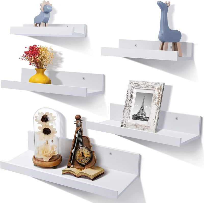 Upsimples Home Floating Shelves for Wall Décor Storage, Wall Shelves Set of 5, Wall Mounted Wood Shelves for Bedroom, Living Room, Bathroom, Kitchen, Small Picture Ledge Farmhouse Shelves, Brown Furniture > Shelving > Wall Shelves & Ledges Upsimples Home White  