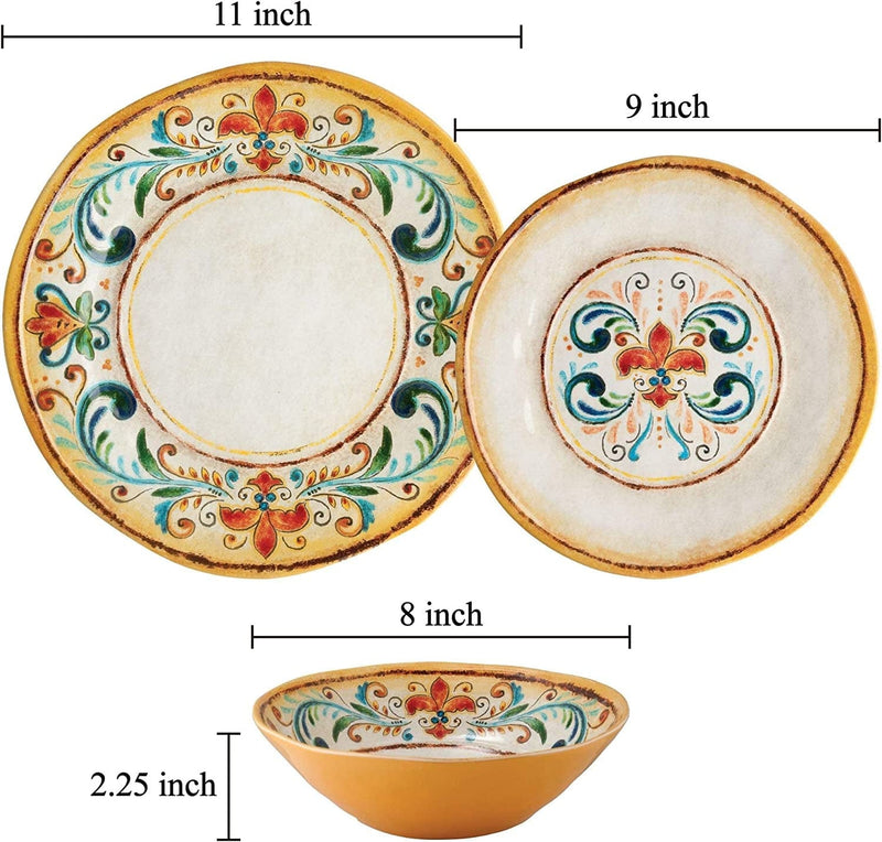 Upware 12-Piece Melamine Dinnerware Set, Includes Dinner Plates, Salad Plates, Bowls, Service for 4. (Tuscany)