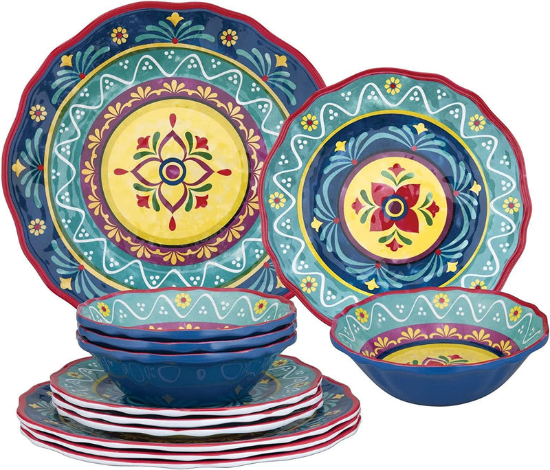 Upware 12-Piece Melamine Dinnerware Set, Includes Dinner Plates, Salad Plates, Bowls, Service for 4. (Tuscany)