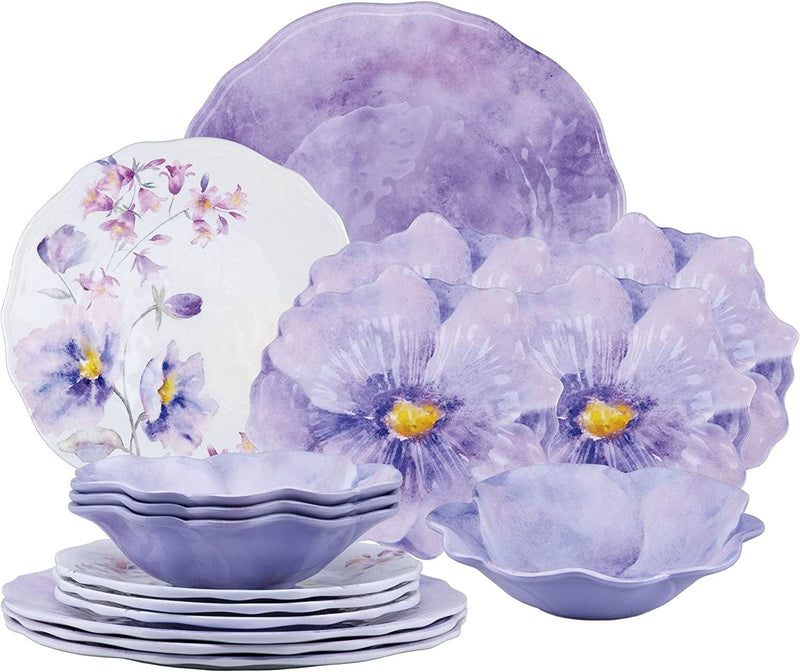 Upware 16-Piece Melamine Dinnerware Set, Includes Dinner Plates, Salad Plates, Dessert Plates, Bowls, Service for 4. (Lavender)