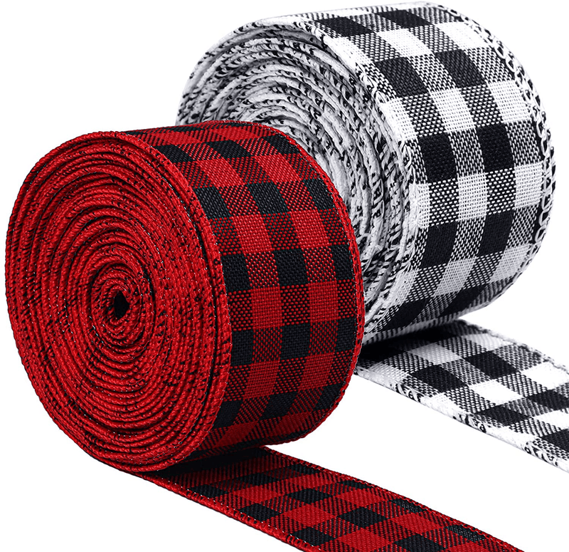 URATOT 2 Rolls White and Black Plaid Burlap Ribbon Wired Ribbon Christmas Wrapping Ribbon for Christmas Crafts Decoration, Floral Bows Craft, 788 by 2.5 Inches Home & Garden > Decor > Seasonal & Holiday Decorations& Garden > Decor > Seasonal & Holiday Decorations URATOT Red with Black,Black with White 5 cm x 8 m 