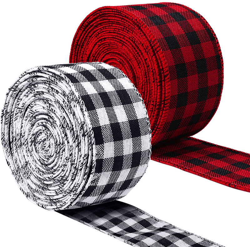 URATOT 2 Rolls White and Black Plaid Burlap Ribbon Wired Ribbon Christmas Wrapping Ribbon for Christmas Crafts Decoration, Floral Bows Craft, 788 by 2.5 Inches Home & Garden > Decor > Seasonal & Holiday Decorations& Garden > Decor > Seasonal & Holiday Decorations URATOT Red with Black,Black with White 6.3 cm x 8 m 