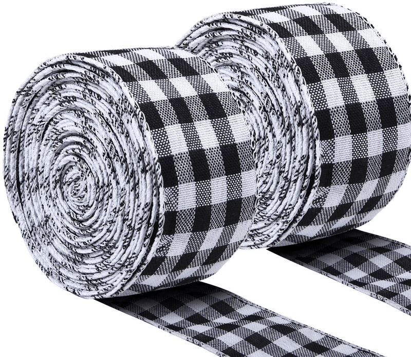 URATOT 2 Rolls White and Black Plaid Burlap Ribbon Wired Ribbon Christmas Wrapping Ribbon for Christmas Crafts Decoration, Floral Bows Craft, 788 by 2.5 Inches Home & Garden > Decor > Seasonal & Holiday Decorations& Garden > Decor > Seasonal & Holiday Decorations URATOT White and Black Plaid 5cm x 6m 