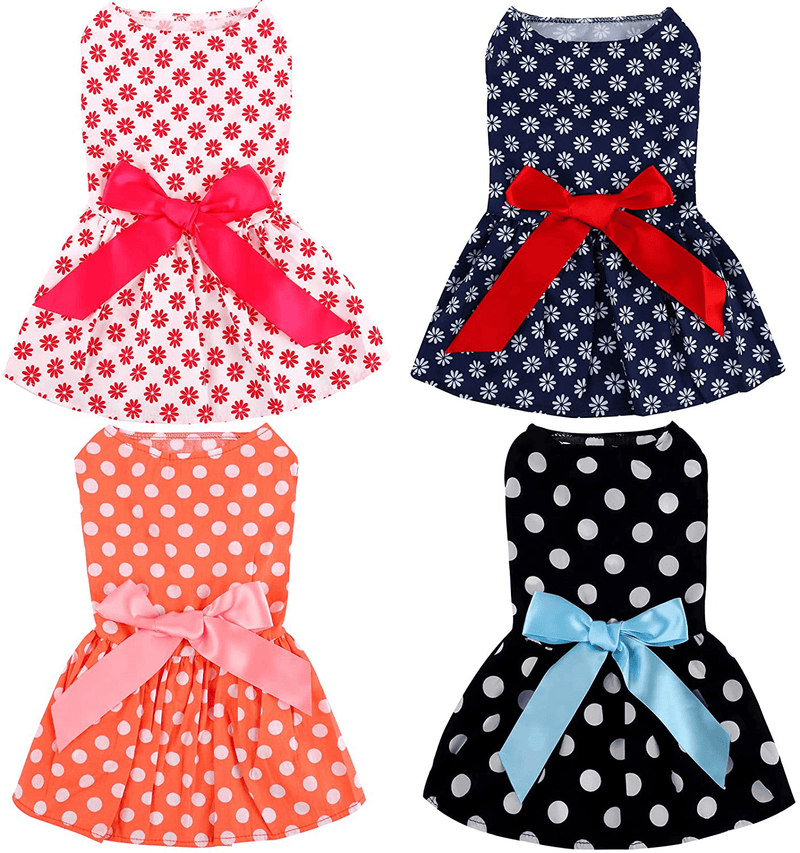 URATOT 4 Pieces Cute Pet Dress Dog Dress with Lovely Bow Puppy Dress Pet Apparel Dog Clothes for Small Dogs and Cats Animals & Pet Supplies > Pet Supplies > Cat Supplies > Cat Apparel URATOT Polka Dot with Bow L 