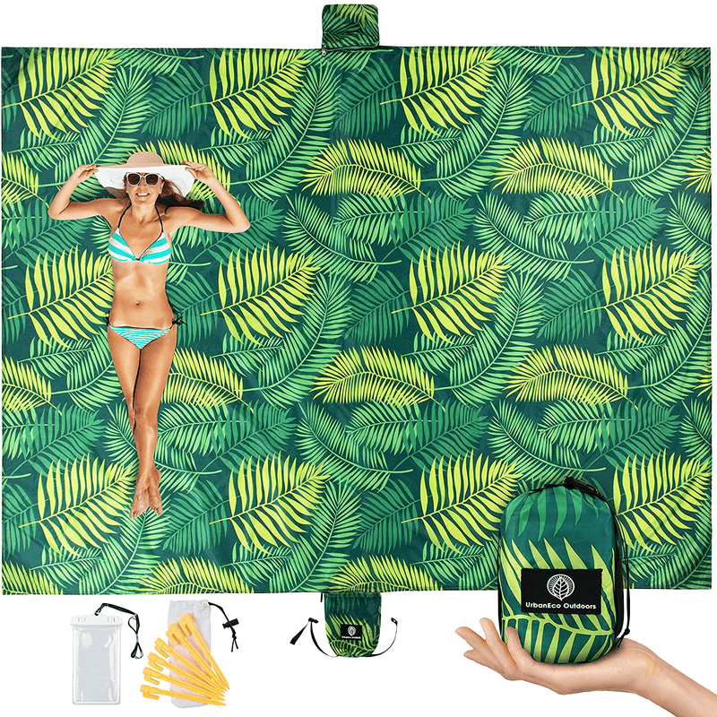 UrbanEco Outdoors Lightweight Beach Blanket - Oversized 107" x 77" - Waterproof Sandproof - Double Anchored for Fun Leisure Beach Blanket - With Stake Pouch and Plastic Stakes - Durable Sand Beach Mat Home & Garden > Lawn & Garden > Outdoor Living > Outdoor Blankets > Picnic Blankets URBANECO OUTDOORS Green  