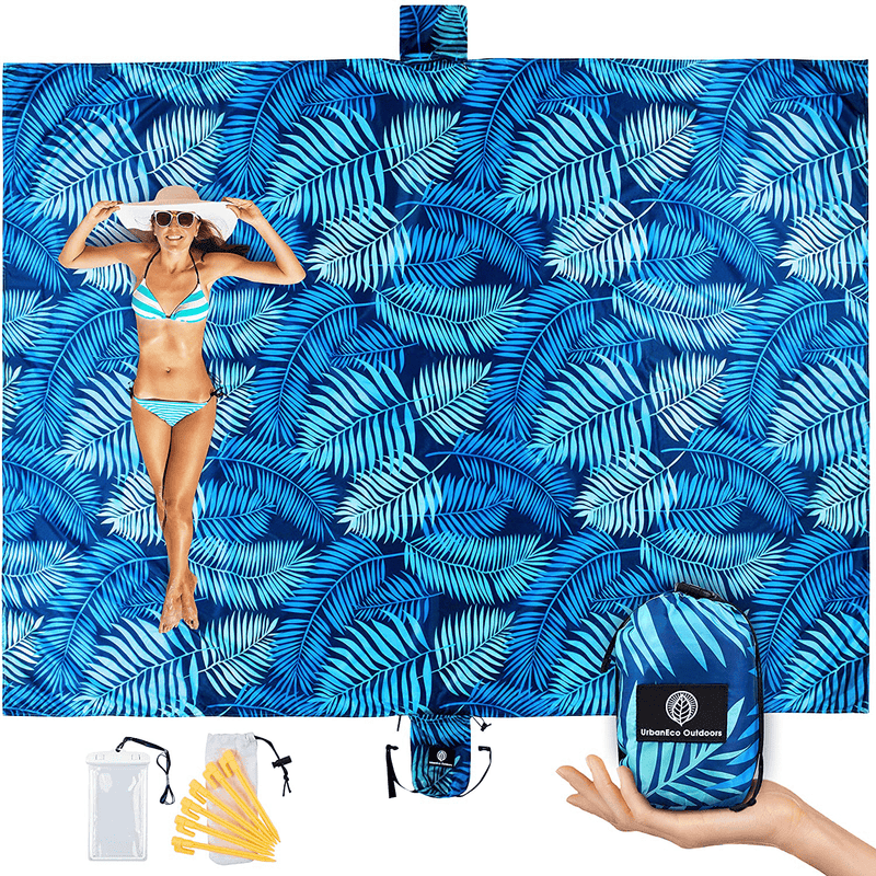 UrbanEco Outdoors Lightweight Beach Blanket - Oversized 107" x 77" - Waterproof Sandproof - Double Anchored for Fun Leisure Beach Blanket - With Stake Pouch and Plastic Stakes - Durable Sand Beach Mat Home & Garden > Lawn & Garden > Outdoor Living > Outdoor Blankets > Picnic Blankets URBANECO OUTDOORS Blue  