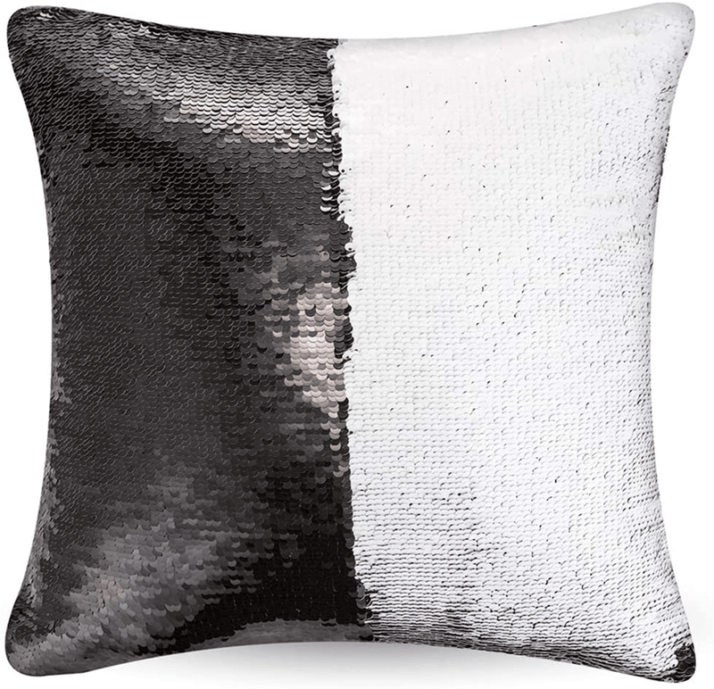 URSKYTOUS Reversible Sequin Pillow Case Decorative Mermaid Pillow Cover Color Changing Cushion Throw Pillowcase 16” X 16”,Black and White Home & Garden > Decor > Chair & Sofa Cushions URSKYTOUS   
