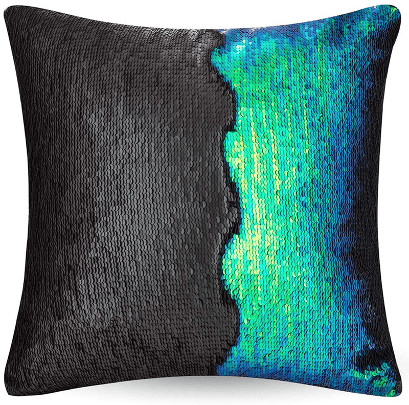 URSKYTOUS Reversible Sequin Pillow Case Decorative Mermaid Pillow Cover Color Changing Cushion Throw Pillowcase 16” X 16”,Black and White Home & Garden > Decor > Chair & Sofa Cushions URSKYTOUS Fancy Green and Black  