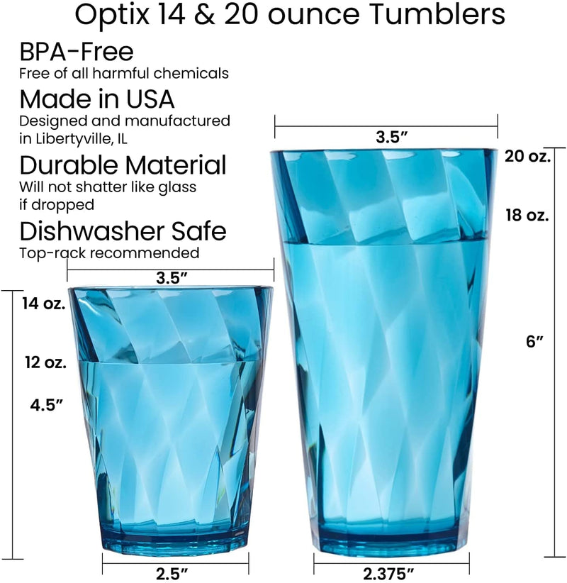 US Acrylic Optix 16-Piece Plastic Stackable Tumblers in Jewel Tone Colors | 8 Each: 14-Ounce Rocks and 20-Ounce Water Drinking Cups | Reusable, Bpa-Free, Made in the USA, Top-Rack Dishwasher Safe
