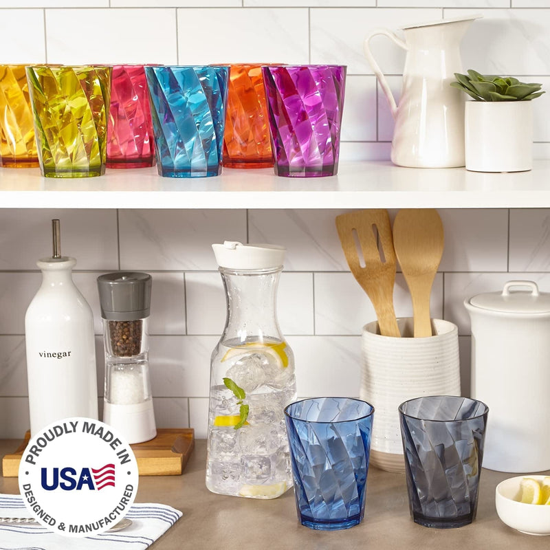 US Acrylic Optix 16-Piece Plastic Stackable Tumblers in Jewel Tone Colors | 8 Each: 14-Ounce Rocks and 20-Ounce Water Drinking Cups | Reusable, Bpa-Free, Made in the USA, Top-Rack Dishwasher Safe