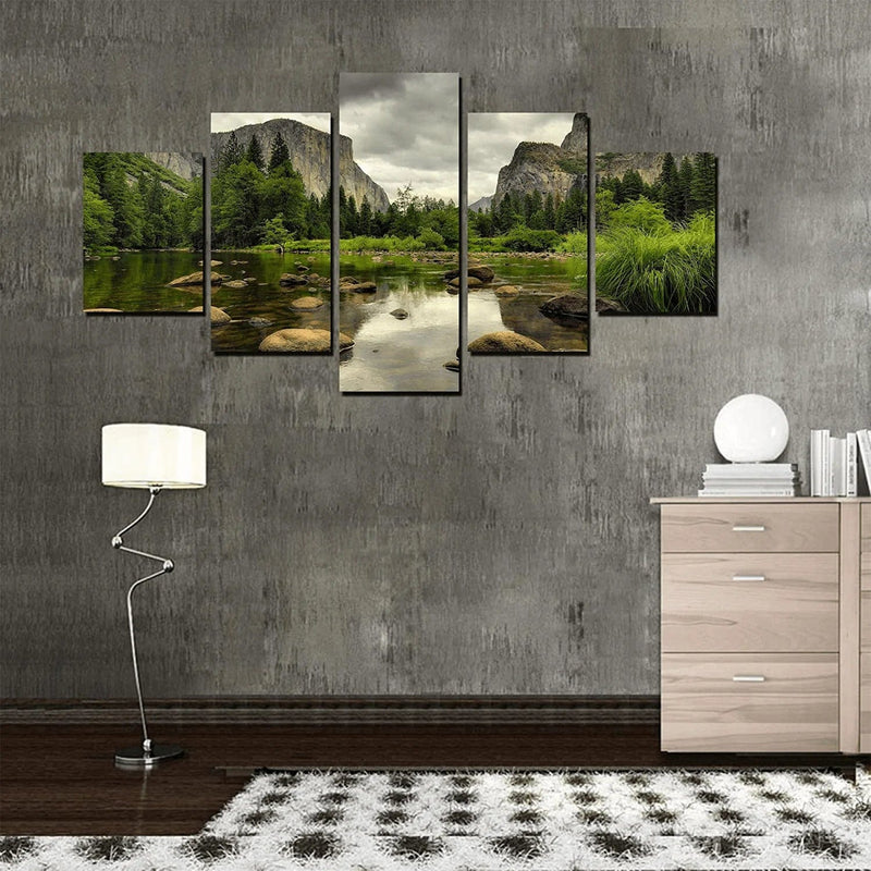 US California Wall Decor Yosemite National Park Lake Trees Scenery Wall Art Pictures Canvas Print Posters Painting Framed Home Living Room Bedroom 5 Piece Ready to Hang(60''Wx32''H) Home & Garden > Decor > Artwork > Posters, Prints, & Visual Artwork Artbrush Tower   