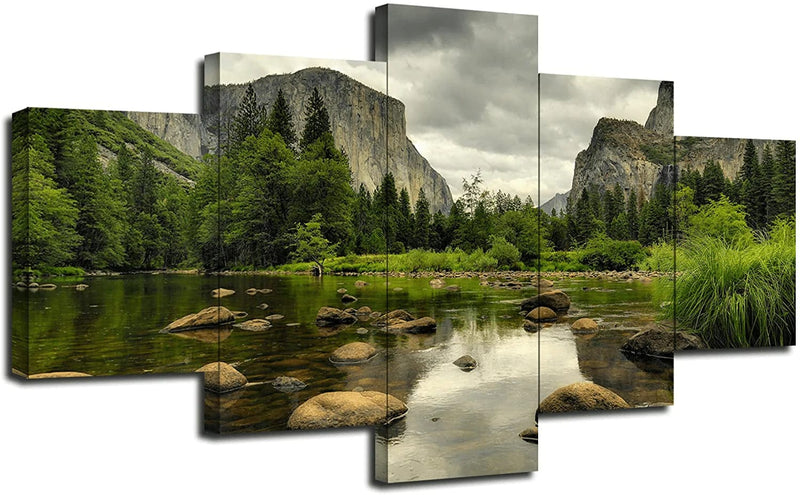 US California Wall Decor Yosemite National Park Lake Trees Scenery Wall Art Pictures Canvas Print Posters Painting Framed Home Living Room Bedroom 5 Piece Ready to Hang(60''Wx32''H) Home & Garden > Decor > Artwork > Posters, Prints, & Visual Artwork Artbrush Tower Artwork-b-14 60''Wx32''H 