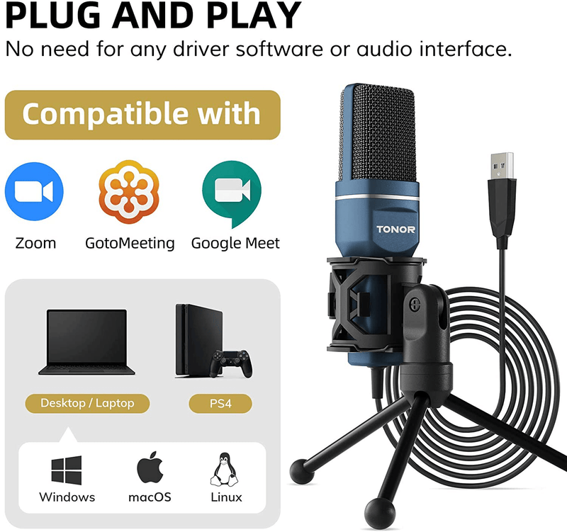 USB Microphone, TONOR Computer Condenser PC Gaming Mic with Tripod Stand & Pop Filter for Streaming, Podcasting, Vocal Recording, Compatible with Laptop Desktop Windows Computer, TC-777