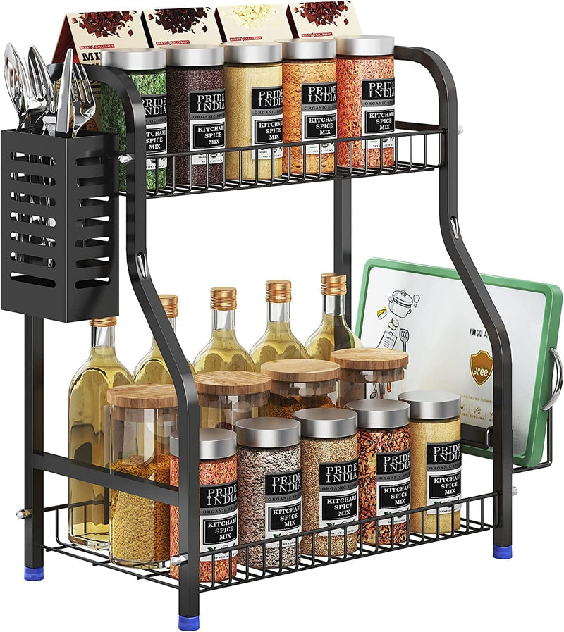 USHARP Spice Rack Organizer for Countertop 2 Tier Standing Seasoning Rack with Utensil Holder and Cutting Board,Coffee Bottle Cabinet Pantry Storage Shelf Black