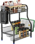 USHARP Spice Rack Organizer for Countertop 2 Tier Standing Seasoning Rack with Utensil Holder and Cutting Board,Coffee Bottle Cabinet Pantry Storage Shelf Black