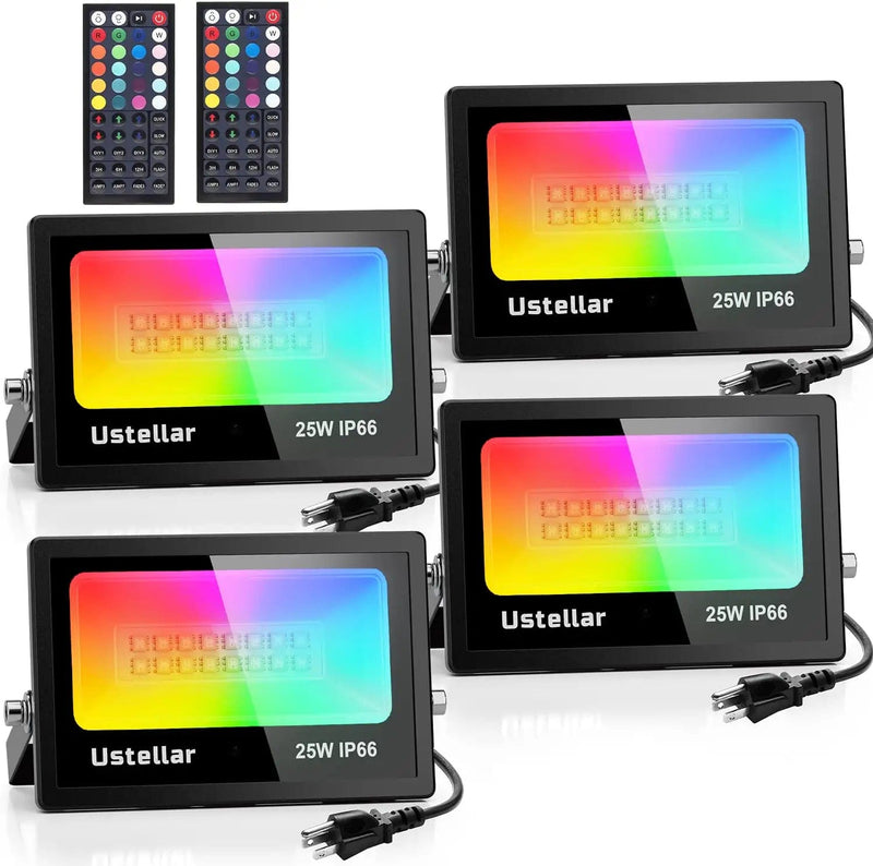 USTELLAR 4 Pack 25W RGB LED Flood Light 250W Equiv. Outdoor Color Changing Stage Lights Indoor Floodlights Floor Lamp Party Uplighting for Events Colored Spotlight Uplight Halloween Christmas Lights