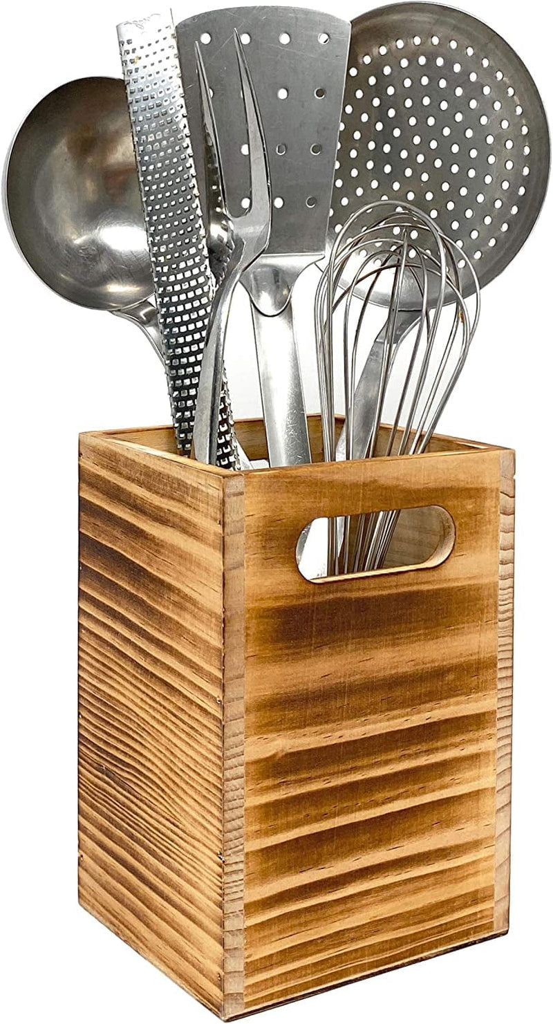 Utensil Holder in Rustic Wood for Farmhouse Kitchen Decor, Countertop Organizer and Cooking Tools Storage (Triple)