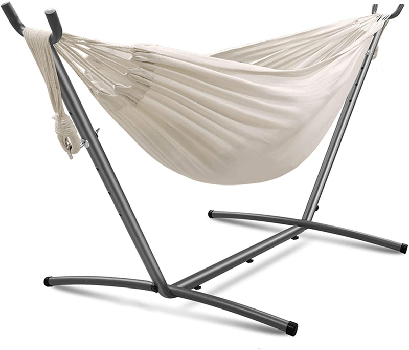 UUWay Hammock with Stand 2 Person Heavy Duty Outdoor & Indoor Hammocks Portable Hammock with Stand Double Hammock Premium Carry Case Included for Camping Courtyard Balcony Garden Patio Grey & Beige Home & Garden > Lawn & Garden > Outdoor Living > Hammocks UUWay Default Title  