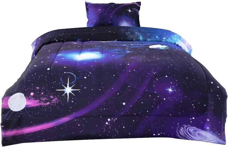 Uxcell Twin Comforter Set Galaxies Purple Color - 3D Outer Space Themed Bedding - All Season down Alternative Quilted Duvet - Reversible Design- Includes 1 Comforter and 1 Pillowcase