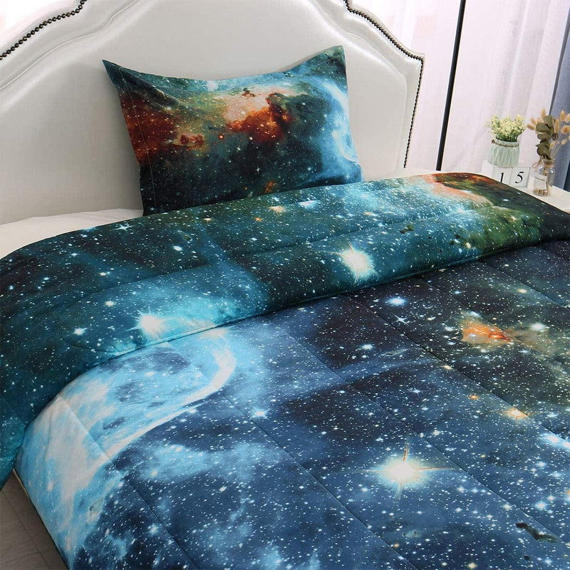 Uxcell Twin Comforter Sets 2-Piece Galaxies Blue - 3D Space Themed - All-Season down Alternative Quilted Duvet - Reversible Design - Includes 1 Comforter, 1 Pillow Case