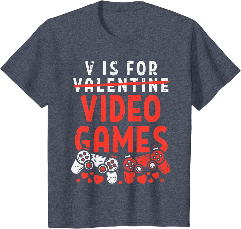 V Is for Video Games Funny Valentines Day Gamer Boy Men Gift T-Shirt Home & Garden > Decor > Seasonal & Holiday Decorations Valentines Day Shirts Men Women Kids Gifts Heather Blue Youth Kids 6