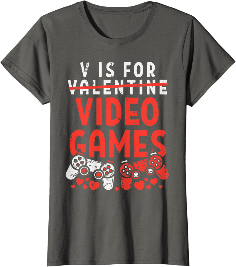V Is for Video Games Funny Valentines Day Gamer Boy Men Gift T-Shirt Home & Garden > Decor > Seasonal & Holiday Decorations Valentines Day Shirts Men Women Kids Gifts Asphalt Women Small