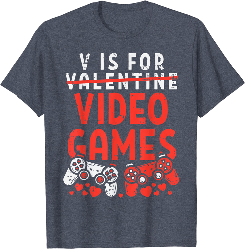 V Is for Video Games Funny Valentines Day Gamer Boy Men Gift T-Shirt Home & Garden > Decor > Seasonal & Holiday Decorations Valentines Day Shirts Men Women Kids Gifts Heather Blue Men XL