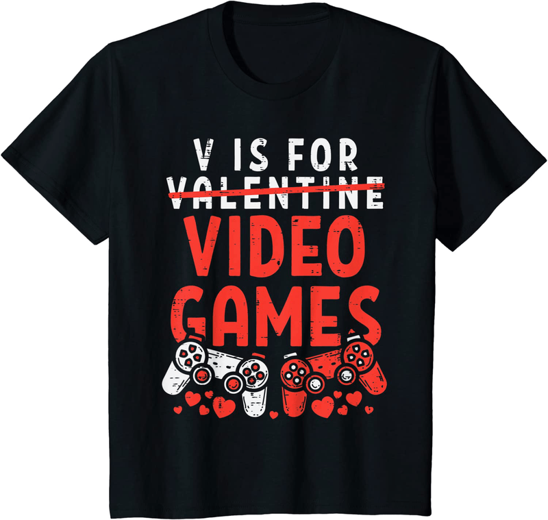 V Is for Video Games Funny Valentines Day Gamer Boy Men Gift T-Shirt Home & Garden > Decor > Seasonal & Holiday Decorations Valentines Day Shirts Men Women Kids Gifts Black Youth Kids 12