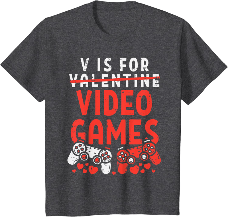 V Is for Video Games Funny Valentines Day Gamer Boy Men Gift T-Shirt Home & Garden > Decor > Seasonal & Holiday Decorations Valentines Day Shirts Men Women Kids Gifts Dark Heather Youth Kids 4