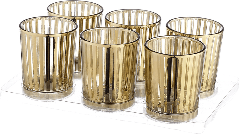 V-More Laser Cut Mercury Glass Votive Candle Holder Tealight Holder 2.55-inch Tall Set of 6 for Home Decor Wedding Party Celebration (Gold Stripe) Home & Garden > Decor > Home Fragrance Accessories > Candle Holders V-More Mercury Gold Stripe  