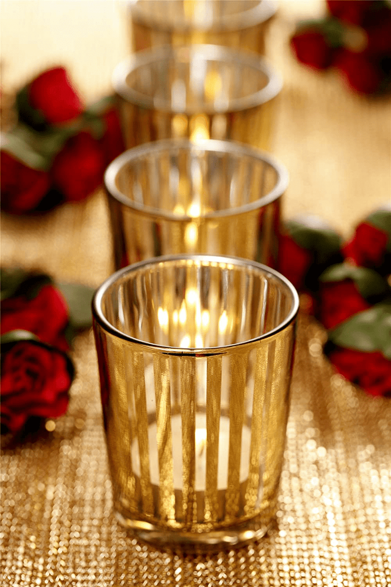 V-More Laser Cut Mercury Glass Votive Candle Holder Tealight Holder 2.55-inch Tall Set of 6 for Home Decor Wedding Party Celebration (Gold Stripe) Home & Garden > Decor > Home Fragrance Accessories > Candle Holders V-More Mercury   