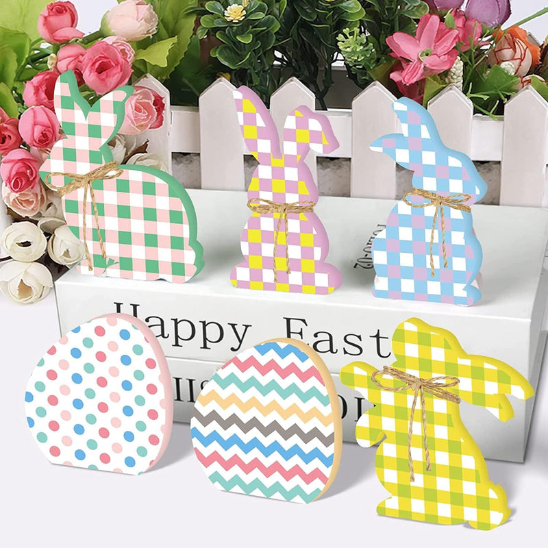 VABAMNA Easter Bunny Decorations Table Centerpiece - 6Pcs Easter Bunny Egg Wooden Signs Tabletop Centerpiece for Farmhouse Spring Easter Home Decorations
