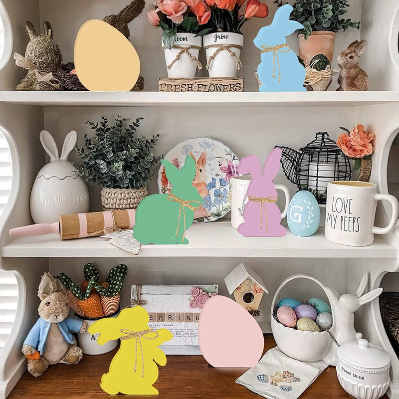 VABAMNA Easter Bunny Decorations Table Centerpiece - 6Pcs Easter Bunny Egg Wooden Signs Tabletop Centerpiece for Farmhouse Spring Easter Home Decorations