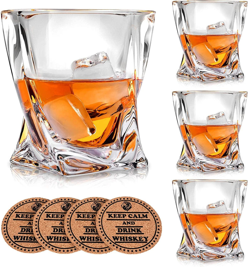 VACI GLASS Crystal Whiskey Glasses - Set of 4 - with 4 Drink Coasters, Crystal Scotch Glass, Malt or Bourbon, Glassware Set