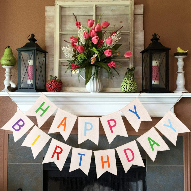 Vagski Happy Birthday Burlap Banner Colorful Bunting Banner Garland Flags for Birthday Party Decorations Rustic Birthday Sign VAG041 Home & Garden > Decor > Seasonal & Holiday Decorations Vagski White  