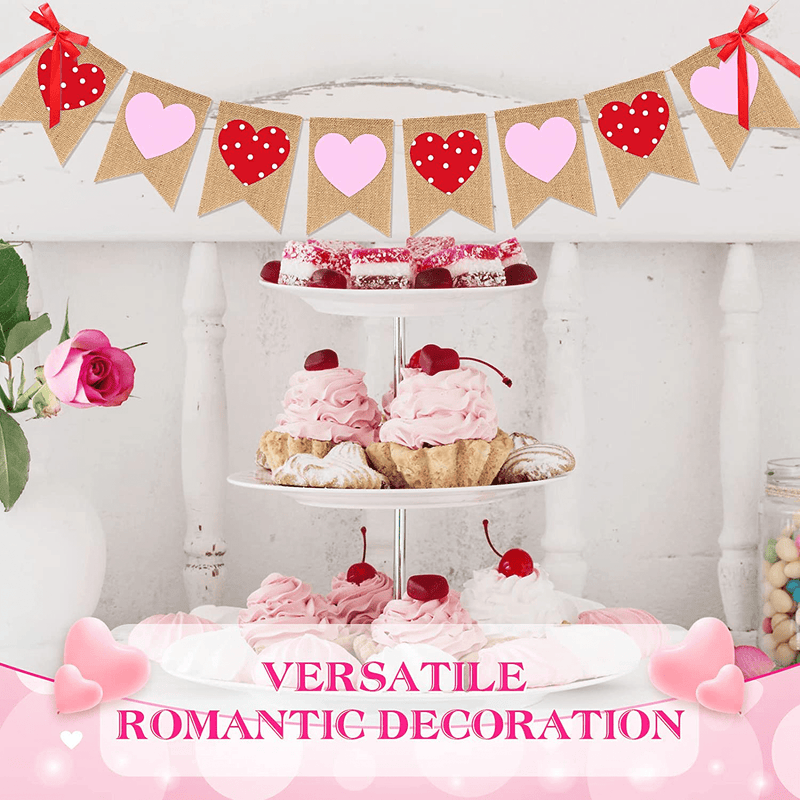 Valentine Banner Valentine Burlap Banner Felt Heart Burlap Banner Heart Banner Garland Valentines Day Decorations with Bows for Wedding Anniversary Birthday Party Decorations Supplies