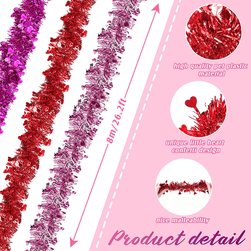 Valentine Garland 80 Feet 3 Pieces Red Purple Pink Garland Metallic Valentine Day Garland Heart Metallic Tinsel Garland Shiny Hanging Metallic Tinsel Ornaments for Christmas Tree Wedding Decorations Home & Garden > Decor > Seasonal & Holiday Decorations Syhood   