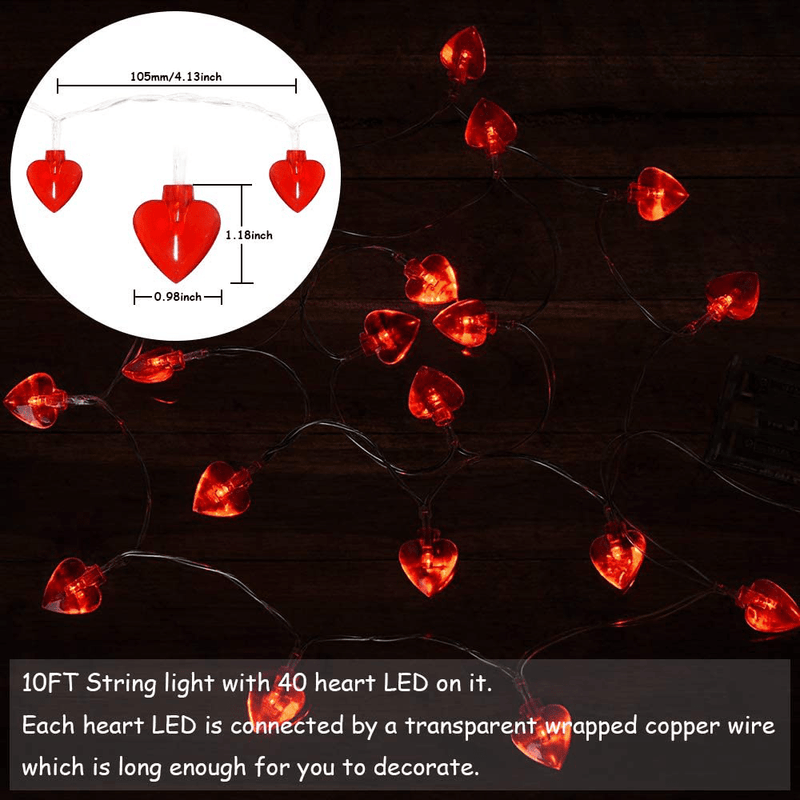 Valentine Heart String Lights Total 13 FT 40 Leds Red Heart Shaped Fairy LED String Lights Battery Operated for Valentine'S Day Bride Shower Proposal Wedding Anniversary Indoor Outdoor Party Decor Home & Garden > Decor > Seasonal & Holiday Decorations WEHVKEI   