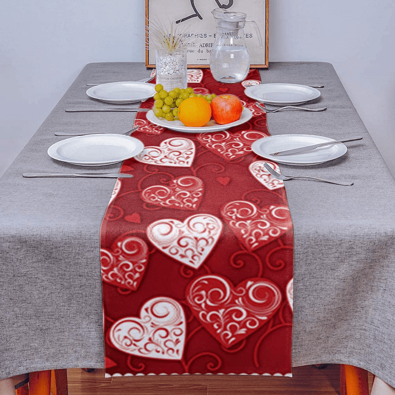 Valentine'S Burlap Table Runner 120 Inches Long,Happy Valentine'S Day Heart-Shaped Pattern Linen Dinner Table Setting Decor for Wedding Gatherings Party Baby Shower Home & Garden > Decor > Seasonal & Holiday Decorations Red Vow   