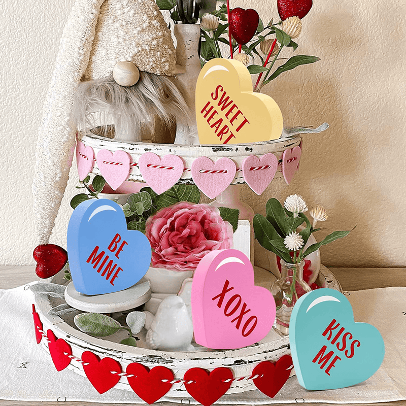 Valentine'S Day Conversation Heart Signs Valentines Wooden Decoration Love Sign Candy Heart Tiered Tray Décor Farmhouse Sweetheart Heart Shape Table Blocks for Wedding Anniversary Engagement Party Home & Garden > Decor > Seasonal & Holiday Decorations Huray Rayho   
