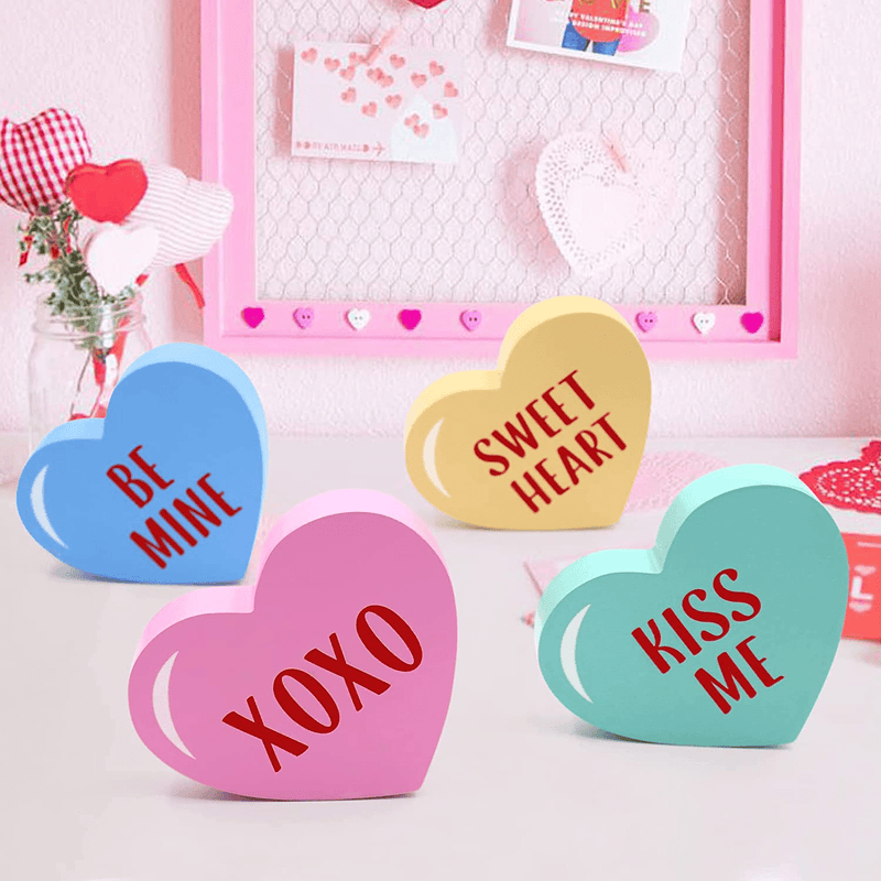 Valentine'S Day Conversation Heart Signs Valentines Wooden Decoration Love Sign Candy Heart Tiered Tray Décor Farmhouse Sweetheart Heart Shape Table Blocks for Wedding Anniversary Engagement Party Home & Garden > Decor > Seasonal & Holiday Decorations Huray Rayho   