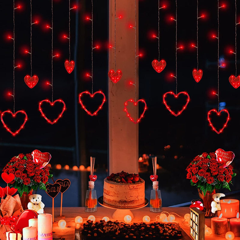 Valentine’S Day Decor 138 LED 12 Red Heart-Shaped Window Curtain Lights with Timer, 8 Modes USB Powered Valentines Decor Heart Lights String, Romantic Valentines Day Decorations for Home Bedroom Party Home & Garden > Lighting > Light Ropes & Strings Mosoan   