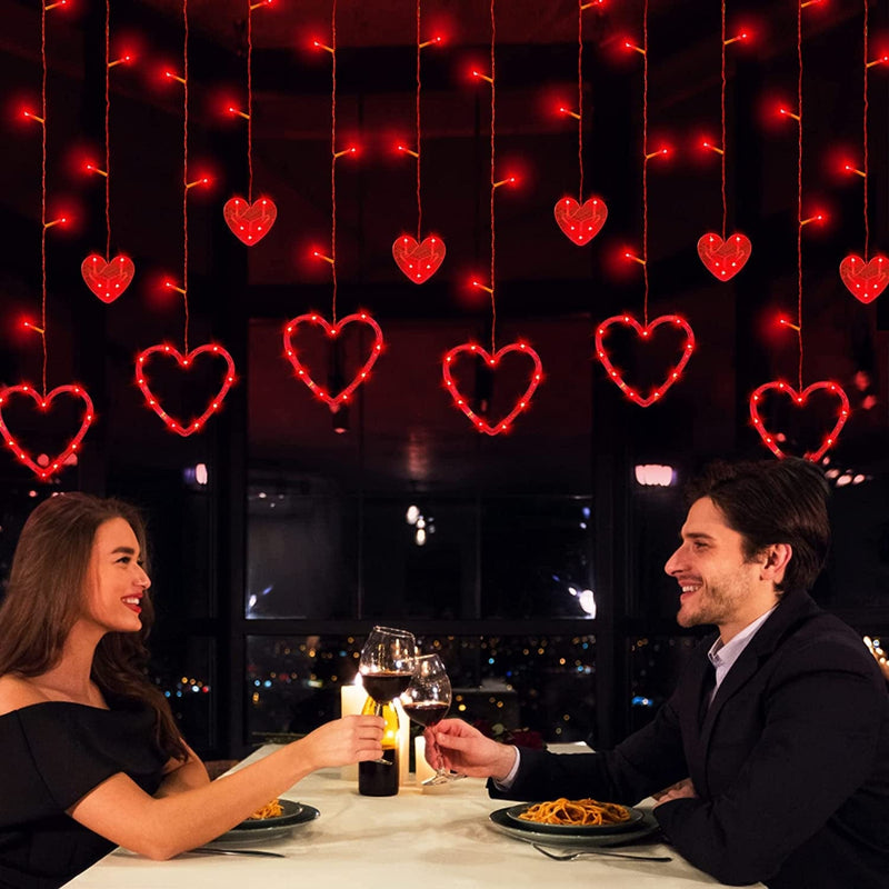 Valentine’S Day Decor 138 LED 12 Red Heart-Shaped Window Curtain Lights with Timer, 8 Modes USB Powered Valentines Decor Heart Lights String, Romantic Valentines Day Decorations for Home Bedroom Party