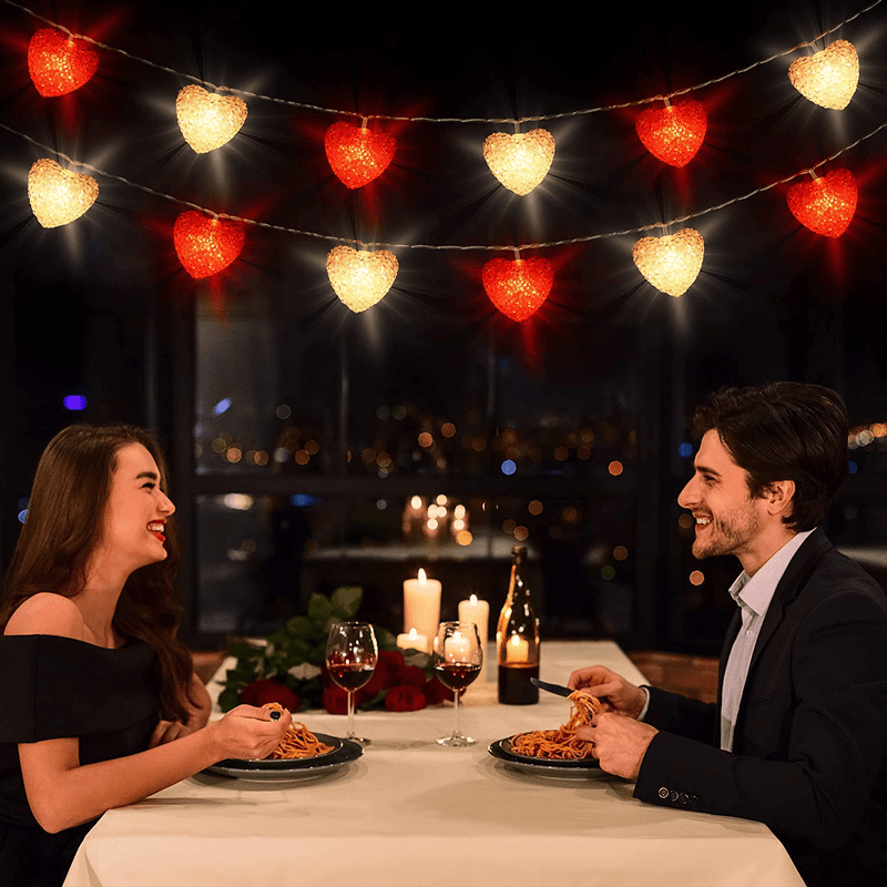 Valentine'S Day Decoration Heart Lights Heart Shape Leds String Lights with 8 Flicker Modes and Waterproof Battery Operated for Valentine'S Day Decor Indoor Outdoor (Red, White)