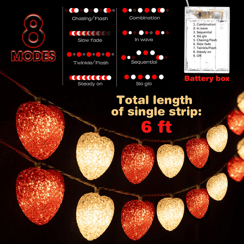 Valentine'S Day Decoration Heart Lights Heart Shape Leds String Lights with 8 Flicker Modes and Waterproof Battery Operated for Valentine'S Day Decor Indoor Outdoor (Red, White) Home & Garden > Decor > Seasonal & Holiday Decorations Hiboom   