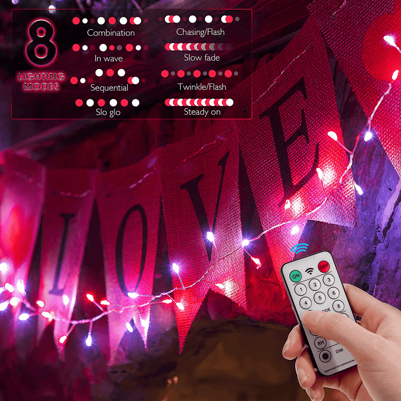 Valentine’S Day Firecracker String Lights, Remote Control 9.8Ft 120 LED Red and White String Lights Battery Operated for St. Valentines Wedding Indoor Outdoor Bedroom Garden Party Decoration