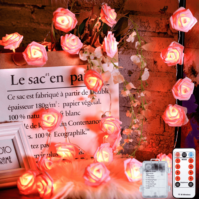Valentine'S Day Flower String Light, 6.5 Ft 20 Leds Flower Light, Battery Powered with 8 Modes, Remote Control and Timer Romantic Decoration for Wedding Valentines Day Birthday (Red) Home & Garden > Decor > Seasonal & Holiday Decorations Frienda Pink  
