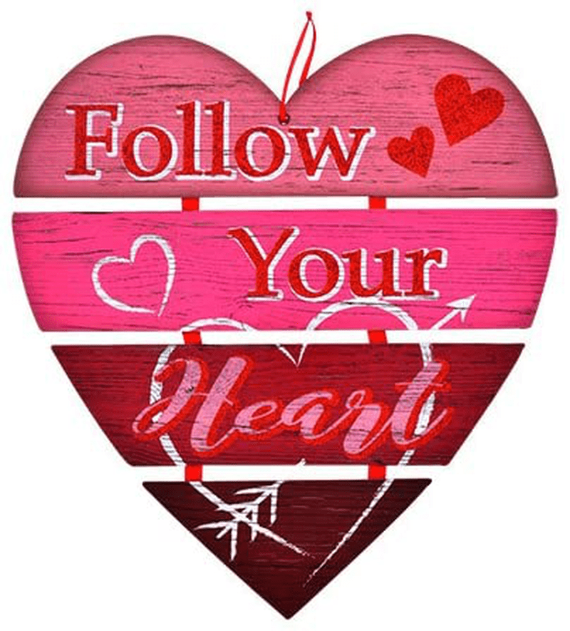 Valentine'S Day Follow Your Heart Wall Plaques Home Decor Decoration Red and Pink Wooden-Heart Wall Decorations, 10.5 In. Home & Garden > Decor > Seasonal & Holiday Decorations Valentine's Day   