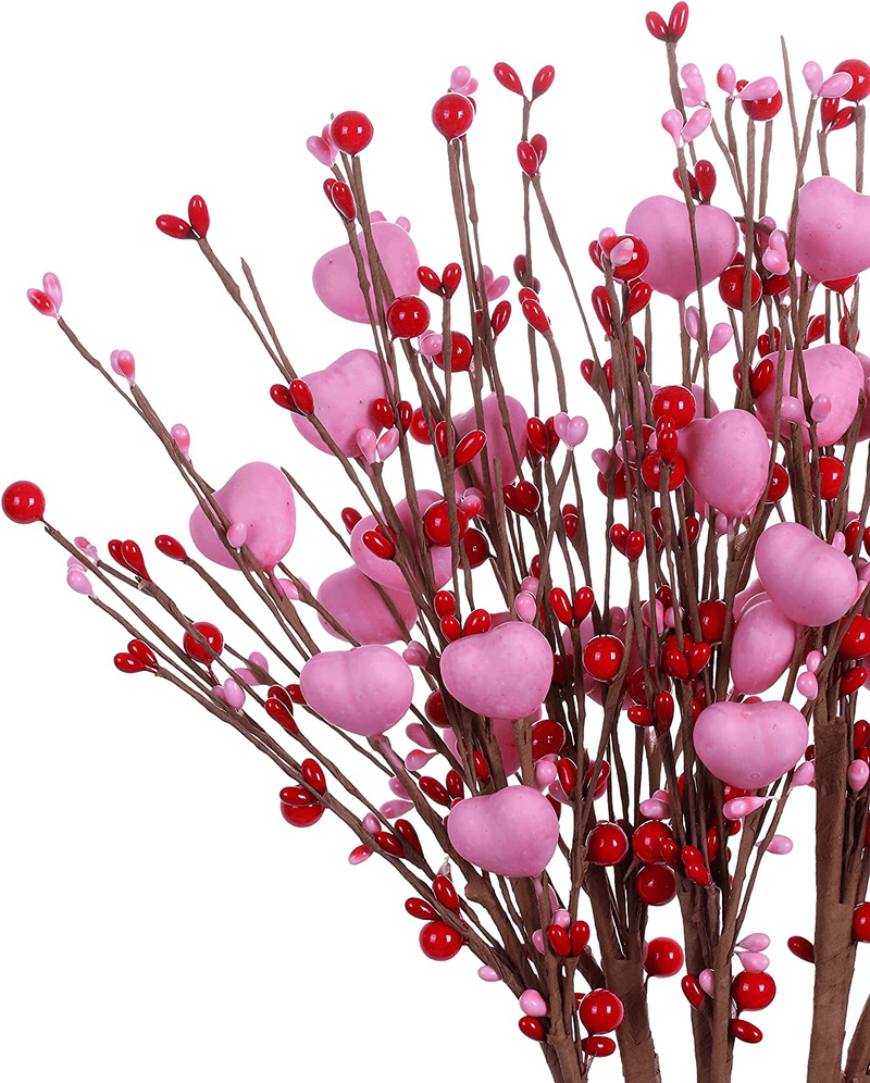 Valentine’S Day Gifts,6 Pcs Artificial Red Berry Flower Stems Pink Heart Shaped Berry Picks for Valentine’S Day,Wedding