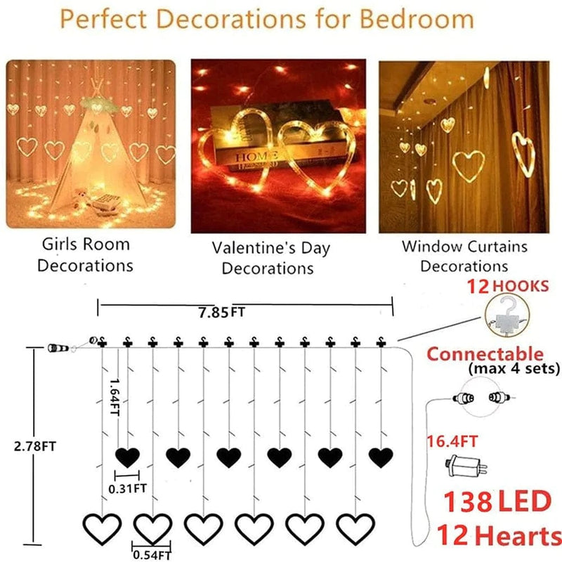 Valentine'S Day Heart-Shaped LED Curtain String Lights,138 LED 12 Valentine Hanging String Lights, Connectable 8 Flashing Modes Window Light for Valentine'S Day Decorations